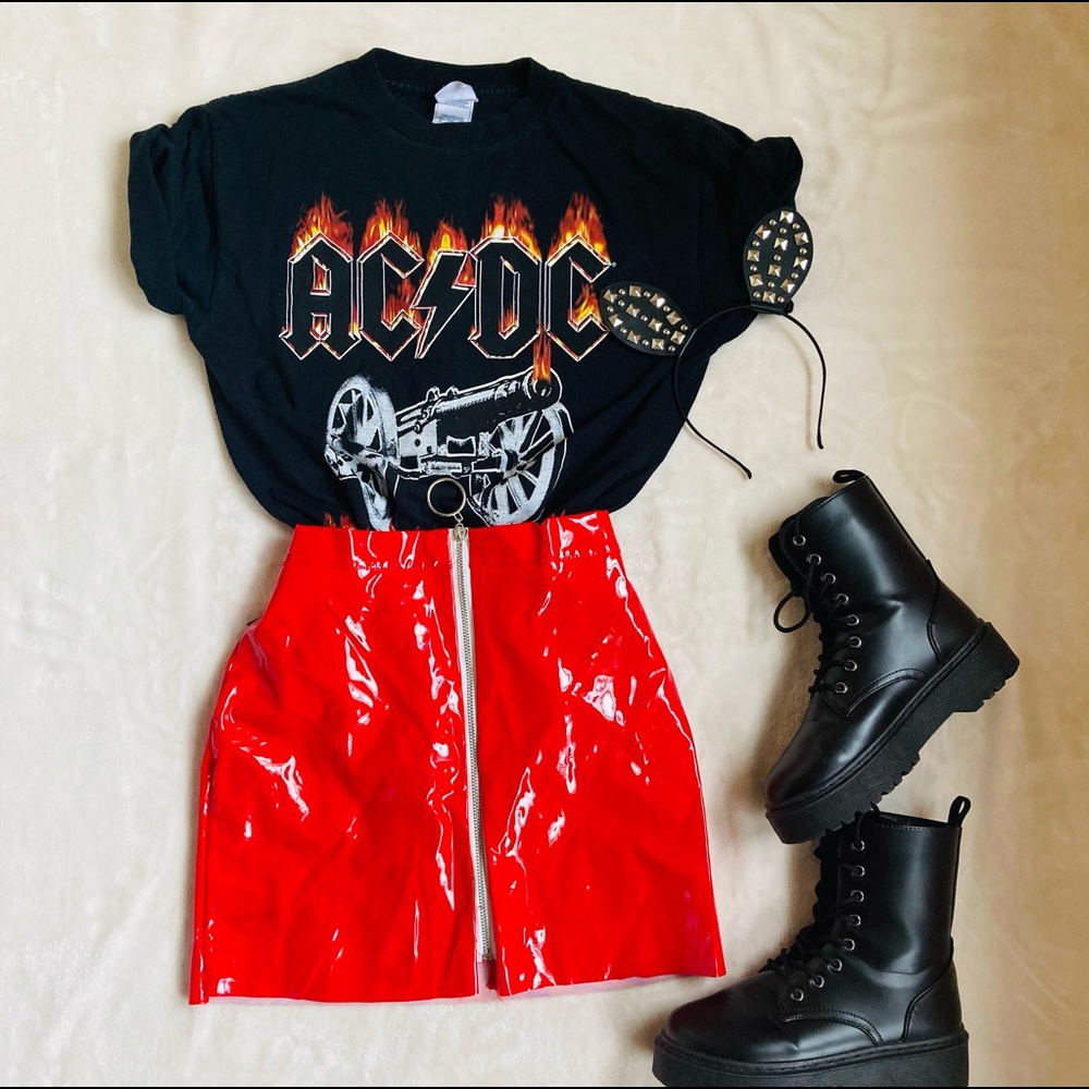 Goth Red Faux Leather Zip Mid Skirt